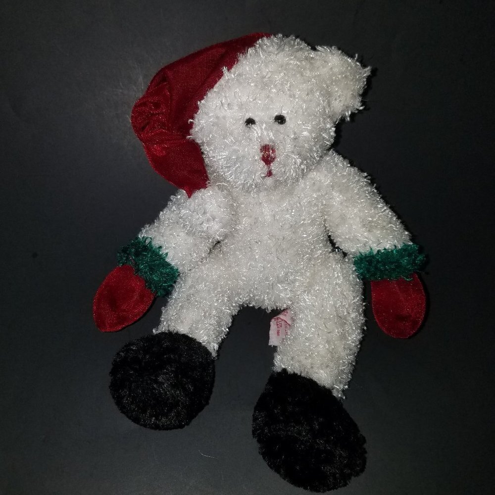 Russ Berrie White Teddy Bear Plush Red Santa Hat Christmas Stuffed Animal Toy
